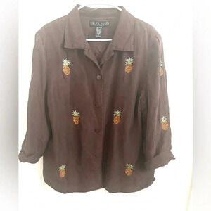 Silkland Blouse women Silk Shirt Pineapple Button Front Embroidered Fruit Print
